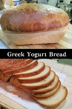 a loaf of greek yogurt bread on a cutting board with slices cut off