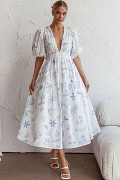 Shop the Summer Land V-Neckline Midi Dress Printed White | Selfie Leslie Vintage Flea Market, Indian Kurti, Selfie Leslie, Mode Casual, Looks Street Style, Midi Dress Summer, Clothing Tags, Iron Material, Date Night Dresses