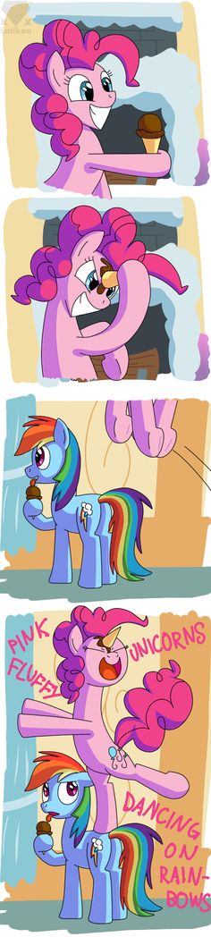 three different pictures of pinkie ponies and rainbows