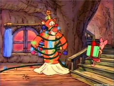 an animated christmas scene with a person holding a present