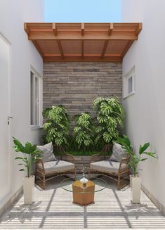 an outdoor living area with two wicker chairs and a coffee table