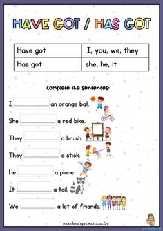 have got / has got worksheet with pictures and words for kids to use