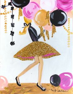 a painting of a woman in a dress with balloons and confetti on her head