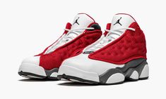 The Air Jordan 13 is the preschool sizing of the popular "Red Flint" version, which looks identical to the "Red Flint" high-top for adults.  This iteration is arranged in an identical color block to that model with a head-turning Gym Red hue.  The rest of the shoe is made with white tumbled leather on the toe and perforated leather on the tongue with a holographic emblem on the collar and grey suede on the mudguard.  A black Jumpman logo is embroidered on the tongue and “Jordan” text appears on Jumpman Logo, Jordan 13 Retro, Stadium Goods, Jordan 13, Kids Jordans, Grey Suede, Perforated Leather, Gray Suede, Air Jordan Sneaker