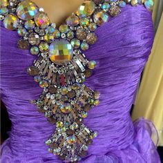 Purple Strapless Dress With Silky Accents And Gold Rhinestone Accents. Purple Rhinestone Wedding Dress, Purple Wedding Dresses With Rhinestones, Glamorous Purple Dresses With Rhinestones, Glamorous Purple Rhinestone Dress, Purple Strapless Dress, Gala Gown, High Low Gown, Happy Dresses, Floral High Low Dress