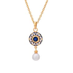 Blue Sapphire & Pearl 14K Gold Vermeil Over Sterling Silver Art Deco Enameled Pendant 925 Silver = 2.90 gm. Blue Sapphire & Pearl = 2.80 ct. Blue Sapphire is the birthstone for September and is a symbol of heaven. Pearl is the birthstone for June and is a symbol of good fortune and strength. The beautiful Pendant measures to be 1.50 inches long including bale and 0.60 inches wide at its maximum points. The Pendant have been made by a team of highly trained and skilled artisans. 14K Gold Vermeil Blue Enamel Necklace For Anniversary, Blue Round Meenakari Jewelry, Traditional Enamel Necklaces For Formal Occasions, Traditional Blue Enamel Necklaces, Elegant Blue Meenakari Necklace, Silver Art, 925 Sterling Silver Chain, Gold Gold, Gold Vermeil