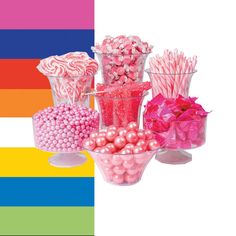 there are many different types of candies in the vases on this rainbow striped background