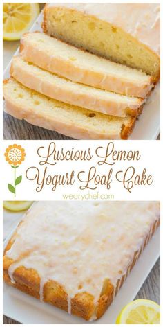 lemon yogurt loaf cake on a white plate with slices cut from the side