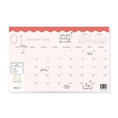 a desk calendar with the date and month in red, white and pink colors on it