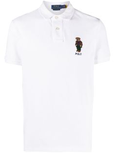 white cotton signature Polo Bear motif polo collar front button placket short sleeves straight hem Designer White Polo Shirt, Classic White Polo Shirt With Embroidered Logo, Designer Short Sleeve Polo Shirt With Embroidered Logo, Fitted White Polo Shirt With Collared Neckline, White Polo Collar T-shirt With Embroidered Logo, Fitted Polo Shirt With Embroidered Logo, White Cotton Polo Shirt With Polo Collar, White Fitted Polo Shirt With Spread Collar, White Collared Top With Embroidered Logo