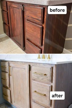 the before and after pictures of a bathroom vanity makeover with wood grained cabinets