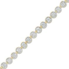 She'll adore the modern look of this diamond tennis bracelet. Crafted in sterling silver with warm 14K gold plate, this contemporary design features round links centered with shimmering diamonds. Radiant with 1/4 ct. t.w. of diamonds and a bright polished shine, this stylish 7.25-inch tennis bracelet secures with a box clasp. Modern White Round Diamond Bracelet, Modern White Round Tennis Bracelet, Modern Tennis Bracelet With Pave Setting, Modern Gold Bracelet With Diamond Accents For Anniversary, Modern Yellow Gold Round Diamond Bracelet, Modern Gold Round Cut Diamond Bracelet, Modern Gold Bracelet With Diamond, Diamond White Gold Bracelet With Diamond Accents, Modern Gold Diamond Bracelet With Prong Setting