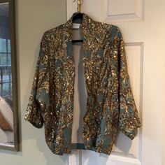 Crazy Gorgeous Perfect Condition No Stains Or Flaws Smoke And Pet Free Home Fitted Kimono With Kimono Sleeves For Fall, Fitted Long Sleeve Kimono For Fall, Fitted Outerwear With Kimono Sleeves For Fall, Short Kimono, Green Gold, Green And Gold, Anthropologie, Jackets For Women, Jackets & Coats