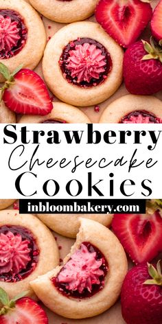 strawberry cheesecake cookies with fresh strawberries in the middle and on top, sitting next to each other