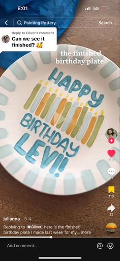 a paper plate with the words happy birthday levi on it and an emoticive message