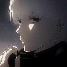 an anime character with white hair and black shirt looking at something in the distance while holding his hand up to his ear