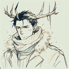 a drawing of a man with antlers on his head and scarf around his neck