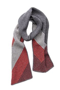 a gray and red scarf with stripes on it's ends, against a white background