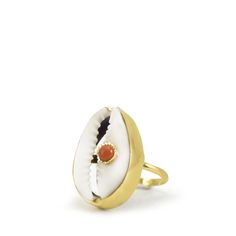 A reminder that sunny days are on the horizon, this stunning ring is carefully handmade from 18k gold over sterling silver wrapping a white cowrie shell marked with a pretty coral bead. Style it with similar styles from the Marina collection. Presented in a Vintouch signature packaging. Handmade from 18-karat Yellow Gold Over Sterling Silver (1-micron plating).   We suggest to avoid contacts with soaps, detergents, chlorine and any other chemical substance that could alter the original character Handmade White Shell Rings, Summer Beach Jewelry Ring, Beach Summer Jewelry Ring, Summer Beach Ring Jewelry, Handmade Open Ring Jewelry For Beach, Elegant Adjustable Rings For Beach, Gold Rings As Summer Gift, Gold Rings For Summer Gift, Elegant Rings For Summer Beach Occasions