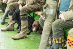 a group of people sitting on top of a green bench next to two black dogs