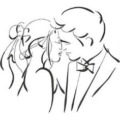 a man and woman are kissing each other in black ink on white paper, hand drawn illustration