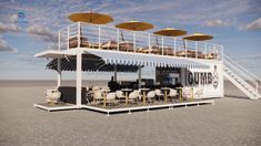 a white building with tables and umbrellas on the roof, in front of a blue sky