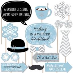 snow themed photo booth props for winter parties and birthdays, with blue and silver accents