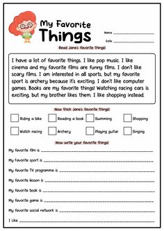 the worksheet for my favorite things is shown in red and white with an image of