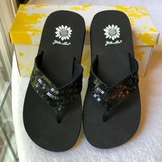 New In Box! Bought These But Never Wore Them. Mint Condition! Black W/ Black Metallic Sequins. Thong Style. Hard Textured Sole W/ Logo. This Price Is Firm!! Yellow Box Flip Flops, Yellow Box Shoes, Heeled Flip Flops, W Logo, Black Flip Flops, Wedge Flip Flops, Box Shoes, Bootie Sandals, Tan Heels