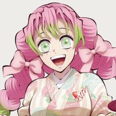 an anime character with pink hair and green eyes, holding a plate in her hand