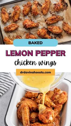 baked lemon pepper chicken wings are being drizzled with sauce and served in a baking pan