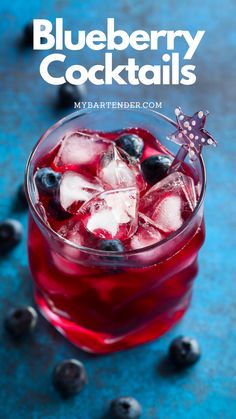 blueberry cocktail in a glass with ice and berries on the side, text reads blueberry cocktails