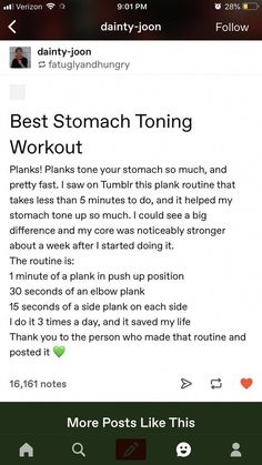 the text on the phone reads best stomach tonice workouts, and it's been