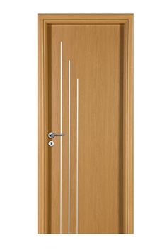 an open wooden door with metal handles