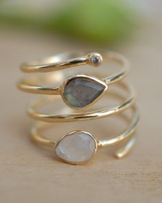 Labradorite & Moonstone Gold Plated 18k Ring * Rainbow stone* Gemstones *Handmade *Statement *Gift for her*Spiral Ring Jewelry*Bycila*BJR057 Gold Moonstone Stackable Jewelry, Gold Stackable Moonstone Gemstone Rings, Gold Stackable Rings With Moonstone Gemstone, Everyday Gold Moonstone Rings, Gold Fusion Moonstone Jewelry, Gold Fusion Style Moonstone Jewelry, Adjustable Gold Stackable Rings With Rose Cut Diamonds, Gold Moonstone Jewelry With Rose Cut Diamonds, Adjustable Dainty Gold Moonstone Ring