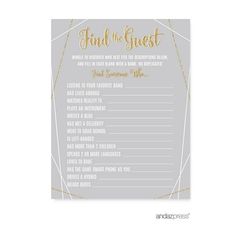 a wedding game card with gold foil lettering and the words find the guest on it