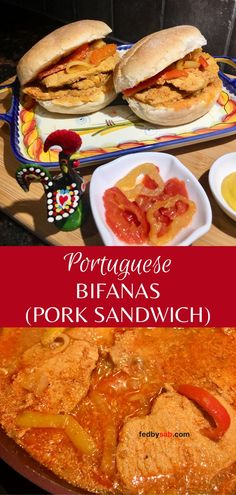 Portuguese bifanas pork sandwiches on a plate on a wood cutting board with a small side plate of mustard and hot peppers Pork Dinner, Famous Recipe, Pork Sandwich, European Food, Pork Chop Recipes, Seasoning Recipes