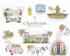 the charleston illustrations are drawn in watercolor and ink