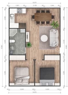 an overhead view of a floor plan with furniture