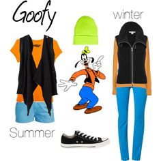 an image of clothing and shoes with goofy on the front, winter on the back