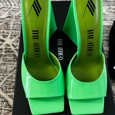 Brand New Green The Attico Mules. Comes With Box And Dust Bag. Chic Green Heels With Contrasting Heel Counter, Modern Green Heels With Contrasting Heel Counter, Luxury Green Closed Toe Heels, Designer Green Heels With Padded Heel, Chic Green Square Toe Heels, Designer Green Block Heels, Designer Green Platform Heels, Luxury Green Platform Heels, Denim Mules