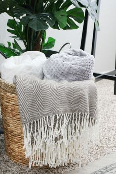 a basket filled with blankets on top of a rug next to a potted plant