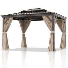 an outdoor gazebo with curtains on the sides and side walls, set against a white background