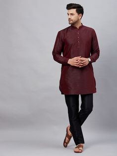 VM By VASTRAMAY Men's Wine Silk Blend Curved Kurta Pant Set Elevate your ethnic wear collection with this sophisticated VM By VASTRAMAY kurta pant set. This wine red set comprises a luxuriously soft kurta and comfortable pants, perfect for special occasions and festive gatherings. Key Features: Wine colored, silk-blend kurta with a mandarin collar Long sleeves for a polished look Button placket for easy wear Curved hem for a modern silhouette Side slits for ease of movement Rose gold colored, co Traditional Full-length Kurta For Diwali, Traditional Full-length Kurta For Eid, Semi-formal Straight Kurta For Diwali, Semi-formal Kurta With Traditional Drape For Diwali, Semi-formal Traditional Kurta For Diwali, Traditional Semi-formal Kurta With Traditional Drape, Traditional Semi-formal Kurta For Festive Occasions, Traditional Semi-formal Straight Kurta Set, Festive Straight Kurta For Semi-formal Occasions