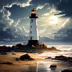 a painting of a lighthouse on the beach at night