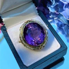 Vintage Amethyst & Pearl Ring sold by Doyle and Doyle an antique and vintage jewelry boutique Oval Amethyst Collectible Ring, Luxury Amethyst Oval Cabochon Ring With Polished Finish, Ornate Hallmarked Amethyst Ring, Luxury Vintage Amethyst Oval Cabochon Ring, Victorian 14k Gold Amethyst Ring Collectible, Pearl Rings Vintage, Amethyst And Diamond Ring, Seed Pearl, Filigree Ring