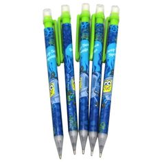 four blue and green pens with cartoon characters on them