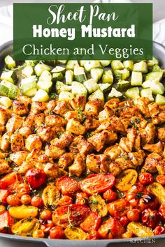 sheet pan honey mustard chicken and veggies in a skillet with text overlay