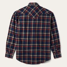 This rugged flannel shirt features a rich navy blue plaid print. Authentic Western details include a snap front, one-point curved back yoke and a three snap cuff. A spread collar with collar stays keeps the shirt looking sharp, while subtly embossed Stetson logos on the chest pocket and sleeve placket further augment the style. It’s made from a garment washed brushed twill flannel that hangs well while keeping its shape and only gets better with age. Brushed Twill Flannel One-Point Curved Back Y Western Style Long Sleeve Plaid Flannel Shirt, Plaid Long Sleeve Western Flannel Shirt, Plaid Cotton Flannel Shirt With Snap Buttons, Western Cotton Flannel Shirt With Button Closure, Plaid Flannel Shirt With Button Closure, Plaid Flannel Shirt With Snap Buttons, Classic Flannel Shirt With Snap Buttons, Navy Fall Shirt With Button Closure, Navy Shirt With Button Closure For Fall