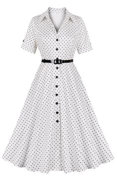 This 1950s White Polka Dot Lapel Midi Dress with Belt is an eye-catching vintage masterpiece! Crafted with a flattering A-line silhouette, this dress features a lapel collar and a matching belt to give you an iconic look. You won't be able to resist the alluring charm of this timeless classic!
Product Details:

SKU: MD0535
Polyester Material
Midi Length
Size: S-2XL. 




 Size
Bust
 Waist
Length


S

94 cm
70 cm
115 cm


M

98 cm
74 cm
116 cm


L

104 cm
80 cm
117 cm


XL
110 cm
86 cm
118 cm


2XL
116 cm
92 cm
119 cm




Time: 10-15 business days. 


Feel free to contact our customer service: contact@modsele.com if you have any questions. Pink Sequin Party Dress, Orange Dress Wedding, Dress Satin Bridesmaid, Bridesmaid Dresses Satin, Maternity Bridesmaid Dresses, Mini Homecoming Dresses, Mismatched Bridesmaids, Tulle Homecoming Dress, Mismatched Bridesmaid Dresses